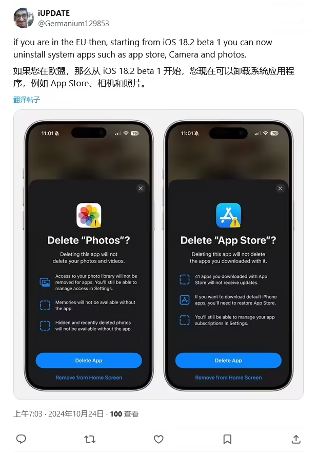 绥棱苹果手机维修分享iOS 18.2 支持删除 App Store 应用商店 